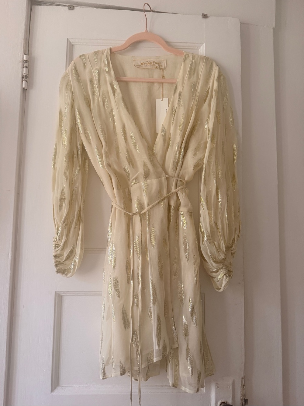 Jens Pirate Booty Light Gold Metallic Feathers Wrap Dress Small
